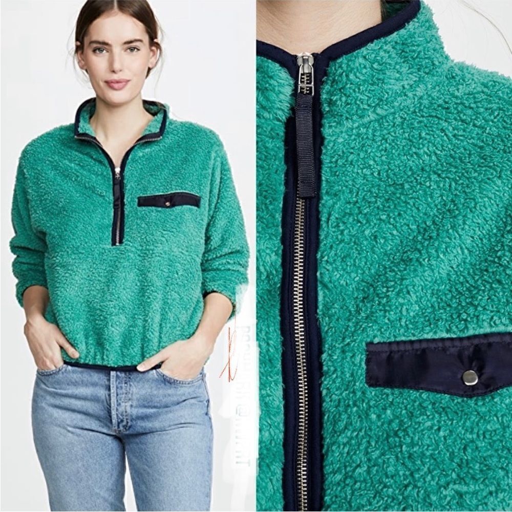 ANINE BING ❥ Sierra Green Sherpa Teddy Pullover half zip Sweatshirt M